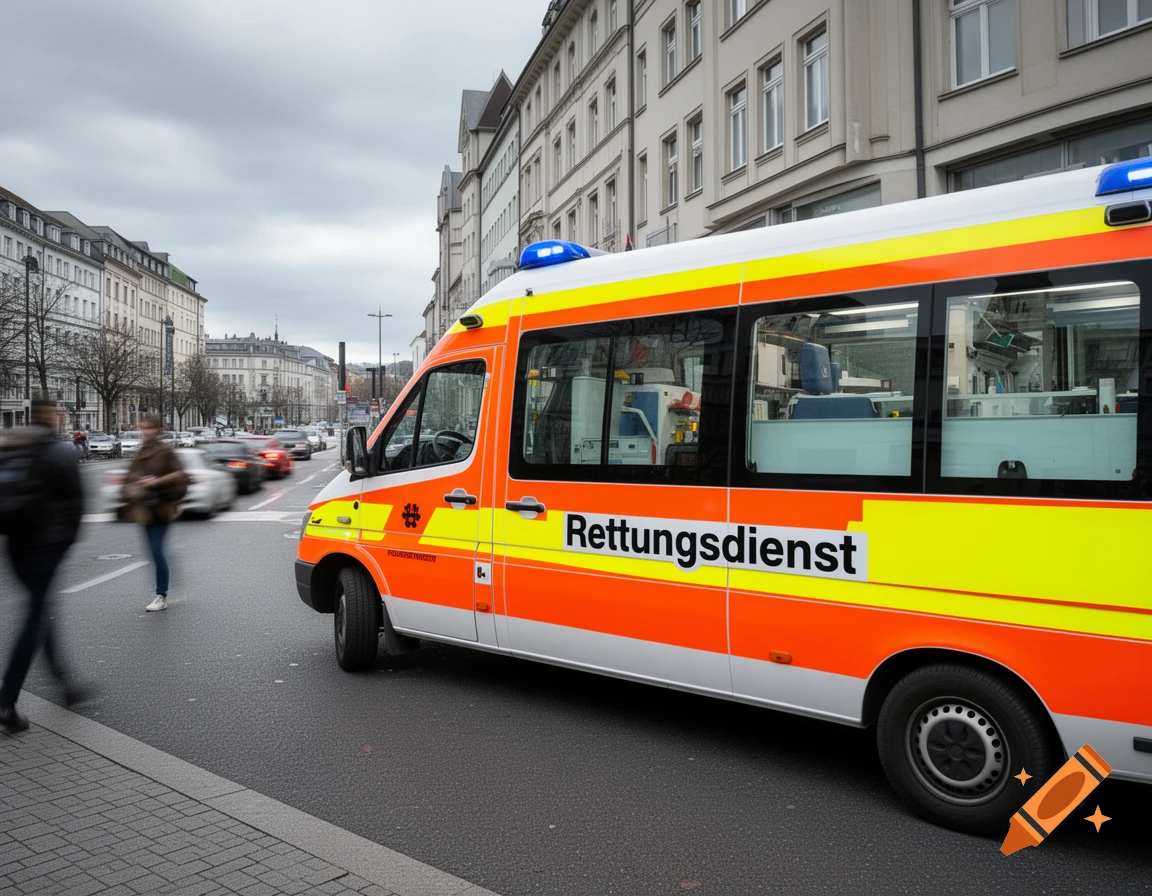 Photorealistic image of a bright orange and yellow German ambulance with blue lights driving on a city street.