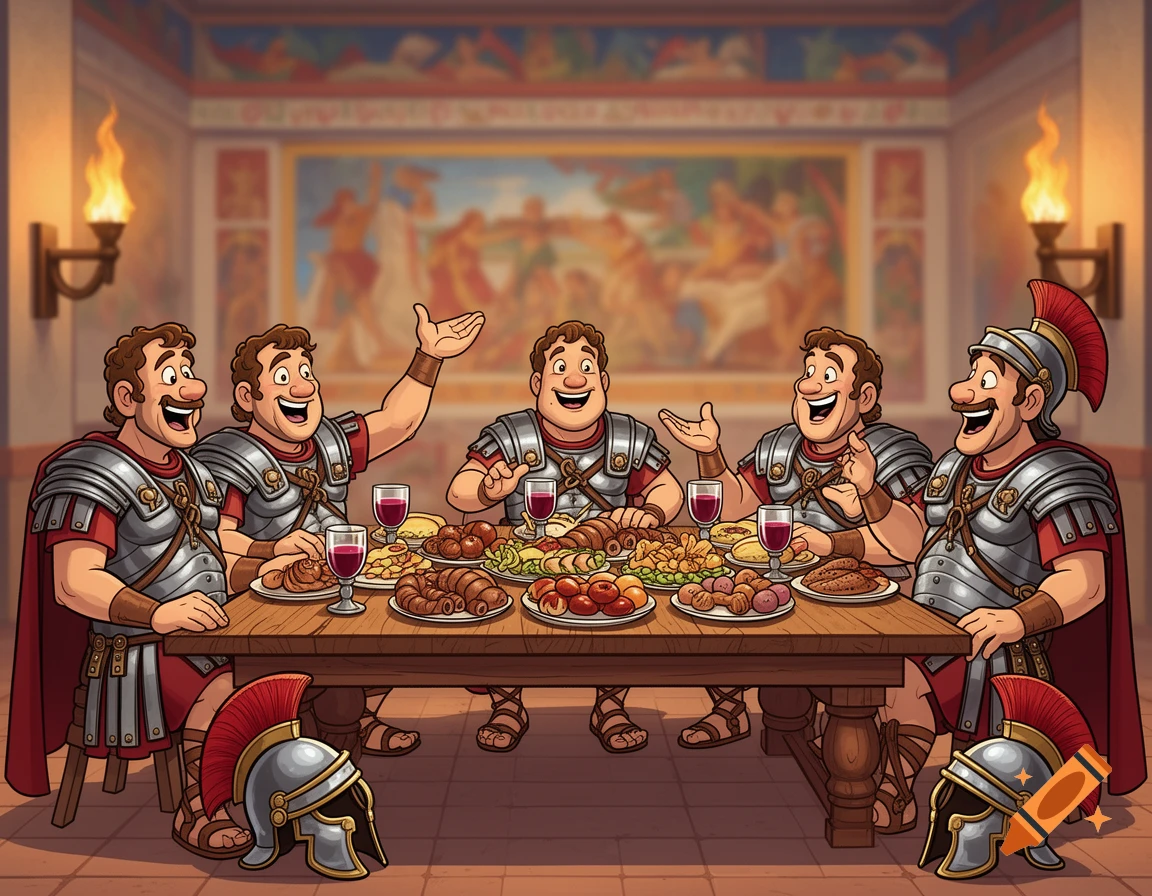 Five cartoon Roman legionaries feast at a wooden table in an indoor setting with torches and wall paintings.