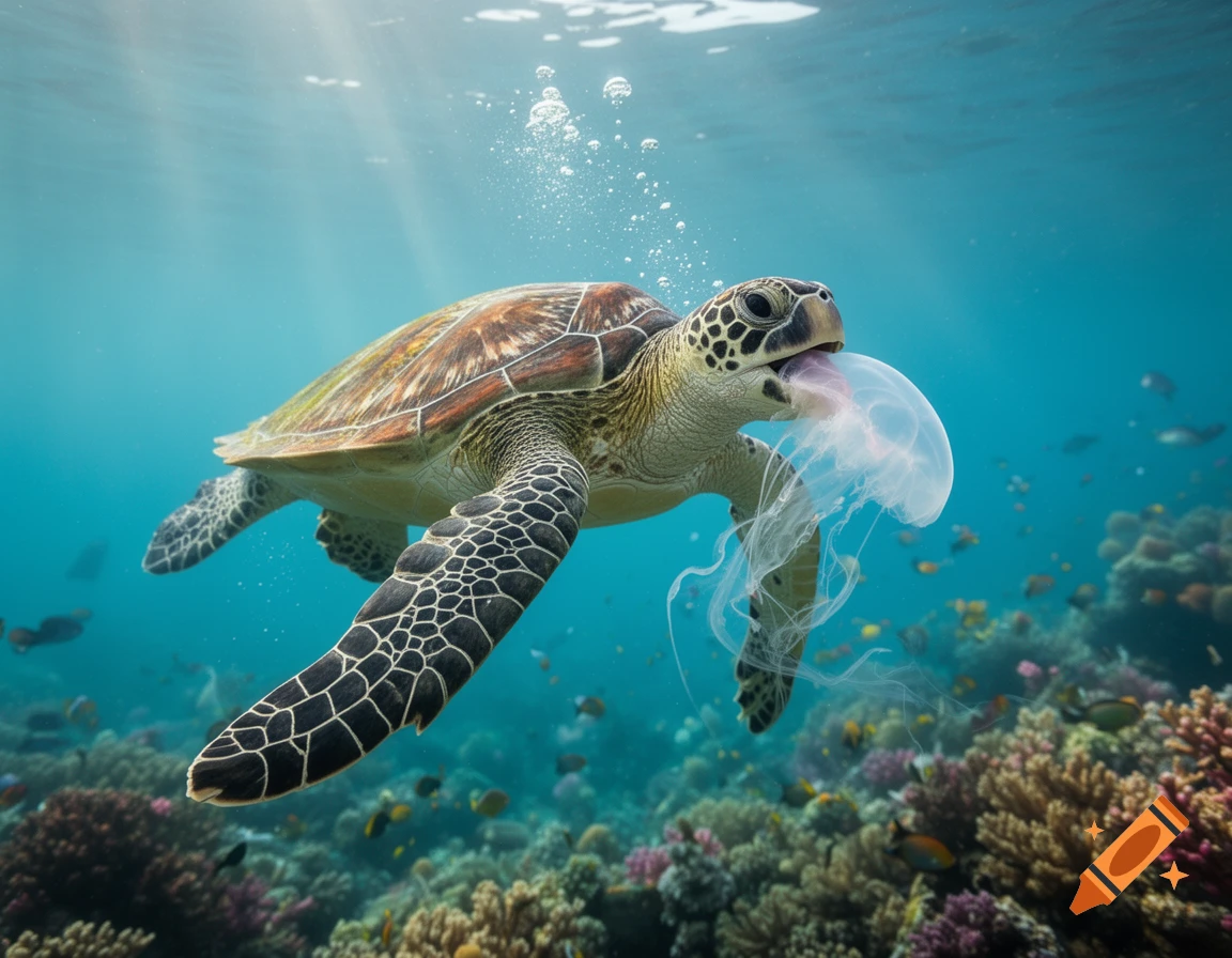 A large sea turtle swims underwater, eating a jellyfish, above a vibrant coral reef.