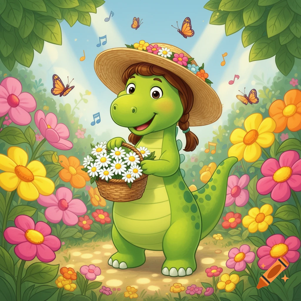 A cute green cartoon dinosaur, wearing a straw hat with braids, holds a basket of daisies in a vibrant flower garden with butterflies.
