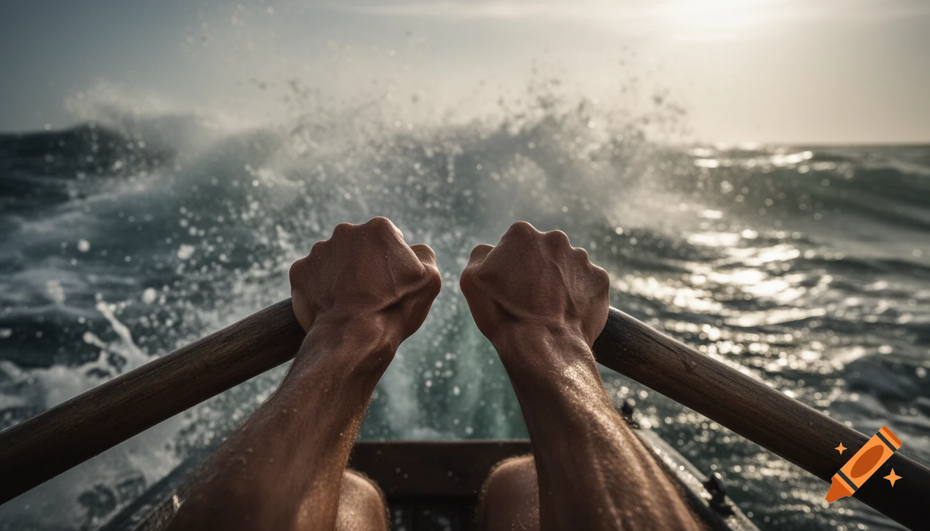 Close-up of strong hands gripping oars, rowing a boat through rough, spraying waves at sea, with dramatic lighting.