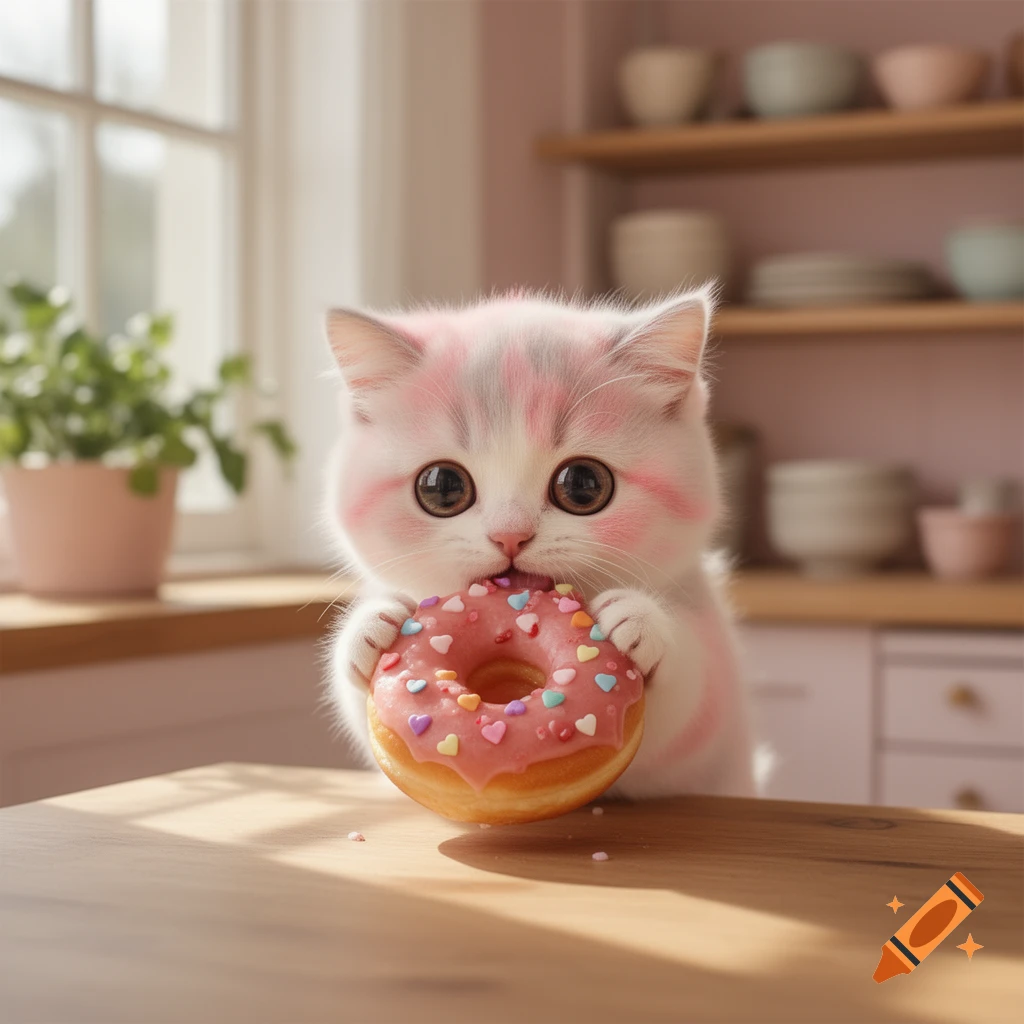 A cute white and pink cat with big eyes eating a pink frosted doughnut with heart sprinkles on a kitchen counter.