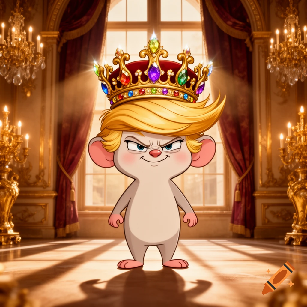A cartoon mouse character with a blonde hairstyle and a jeweled crown smirks in a lavish, golden royal room.