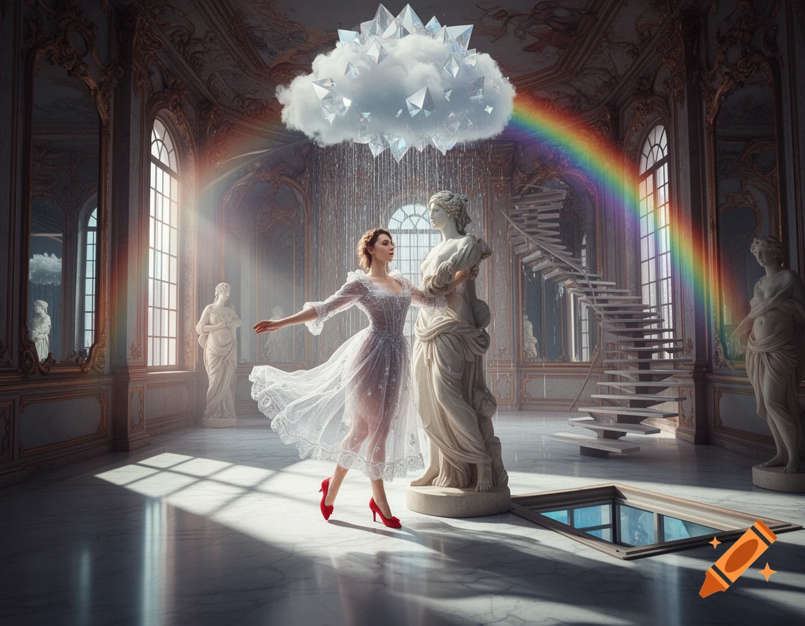 A woman in a transparent dress dances with a classical statue in a dreamlike baroque ballroom under a crystal cloud and rainbow.