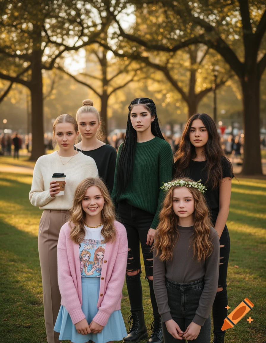 Six diverse young women in distinct fashion styles pose together in an urban park during golden hour.