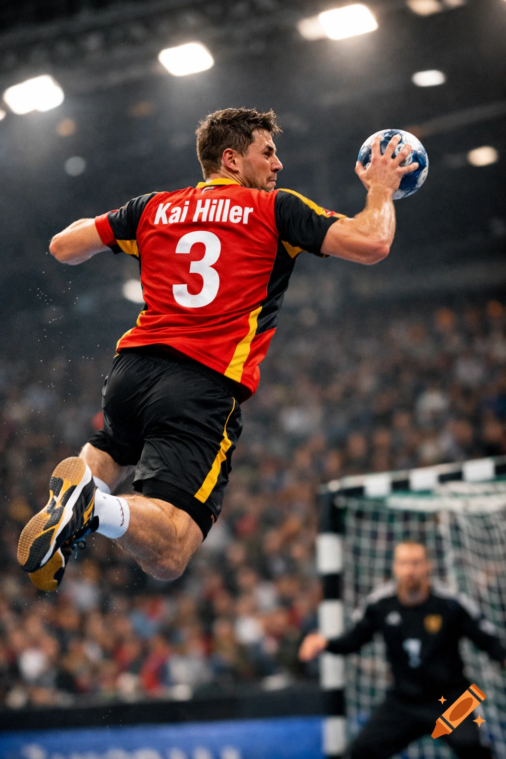 A male handball player, Kai Hiller, wearing a red #3 jersey, jumps to throw a ball during a game.
