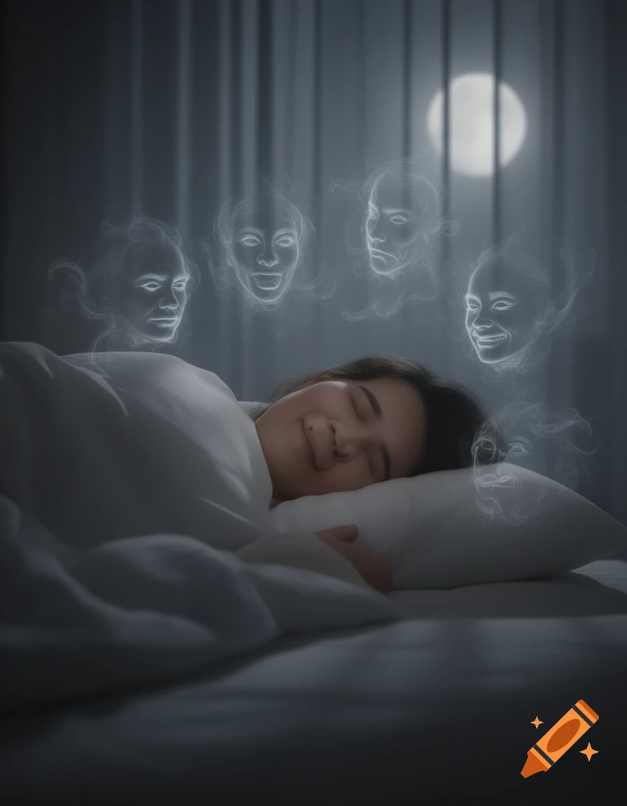 A person sleeps peacefully in a moonlit room as ethereal, glowing faces with diverse expressions float above their head.