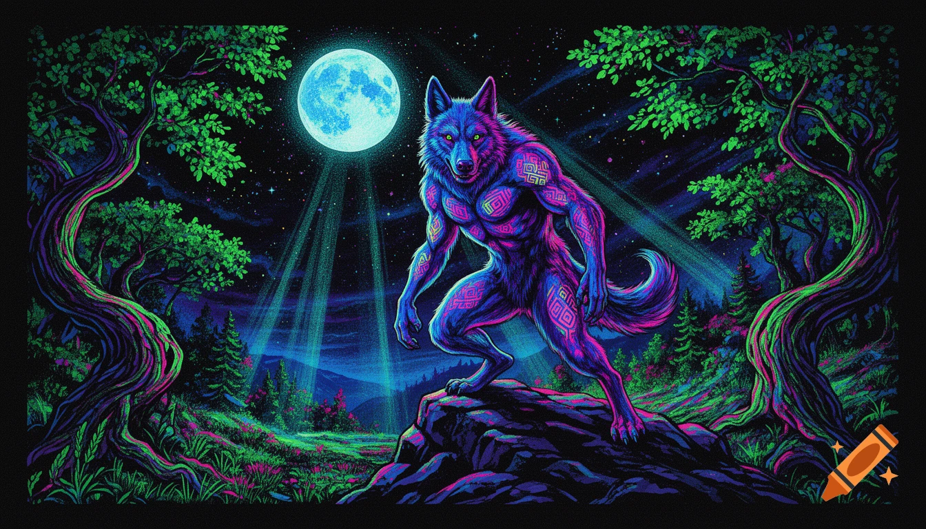A muscular purple and blue werewolf-like creature with glowing patterns stands on a rock under a bright full moon in a neon green and purple forest, in the style of a 70s blacklight poster.