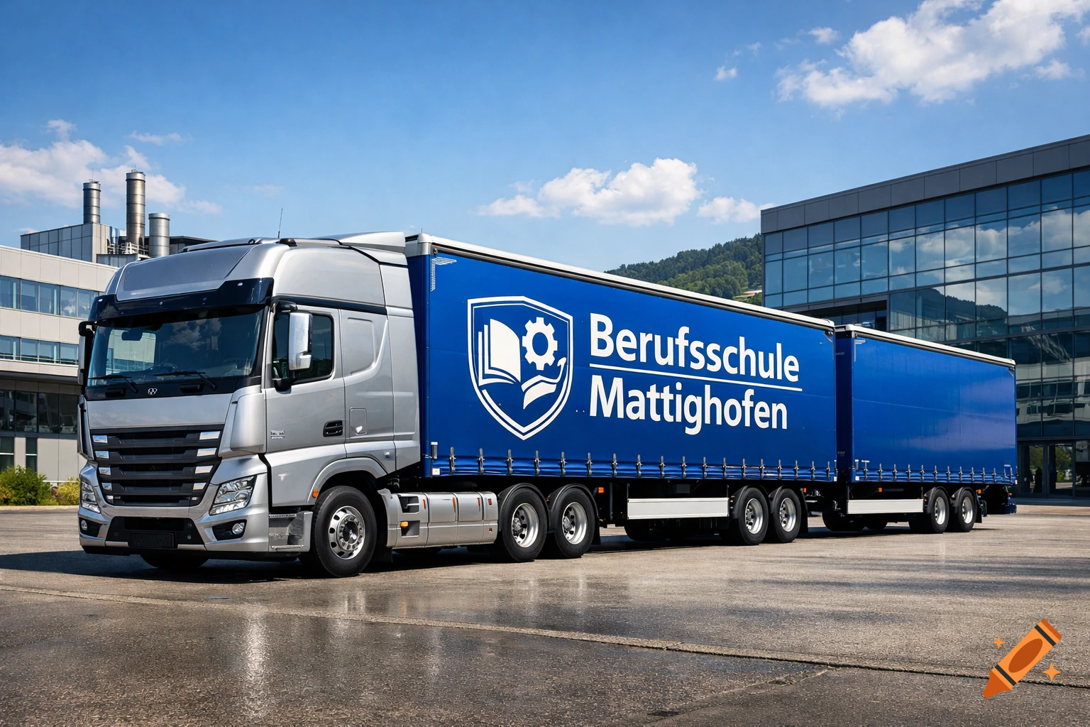 Photorealistic image of a silver semi-trailer truck with a blue trailer, displaying 'Berufsschule Mattighofen' logo, parked outdoors.