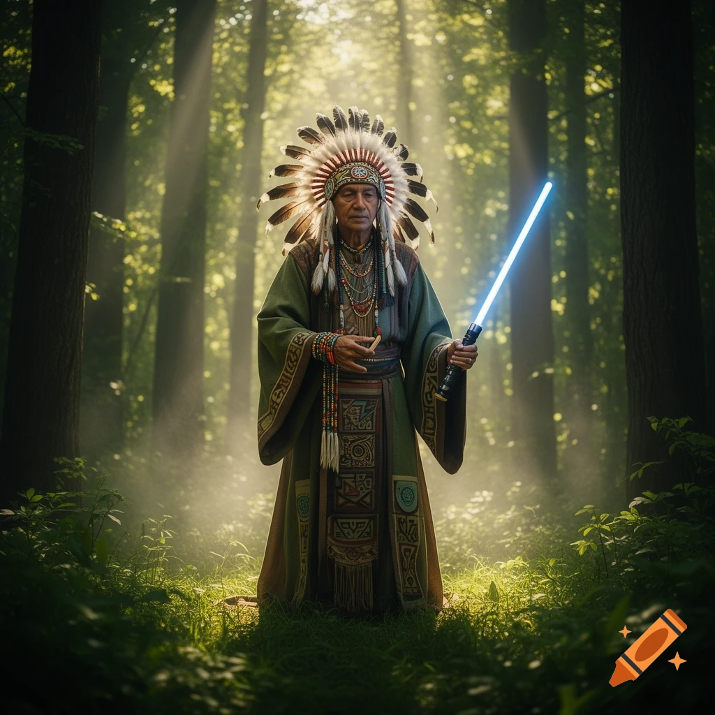 A wise elder in a feathered headdress and traditional robe stands in a misty forest, holding a glowing blue lightsaber.