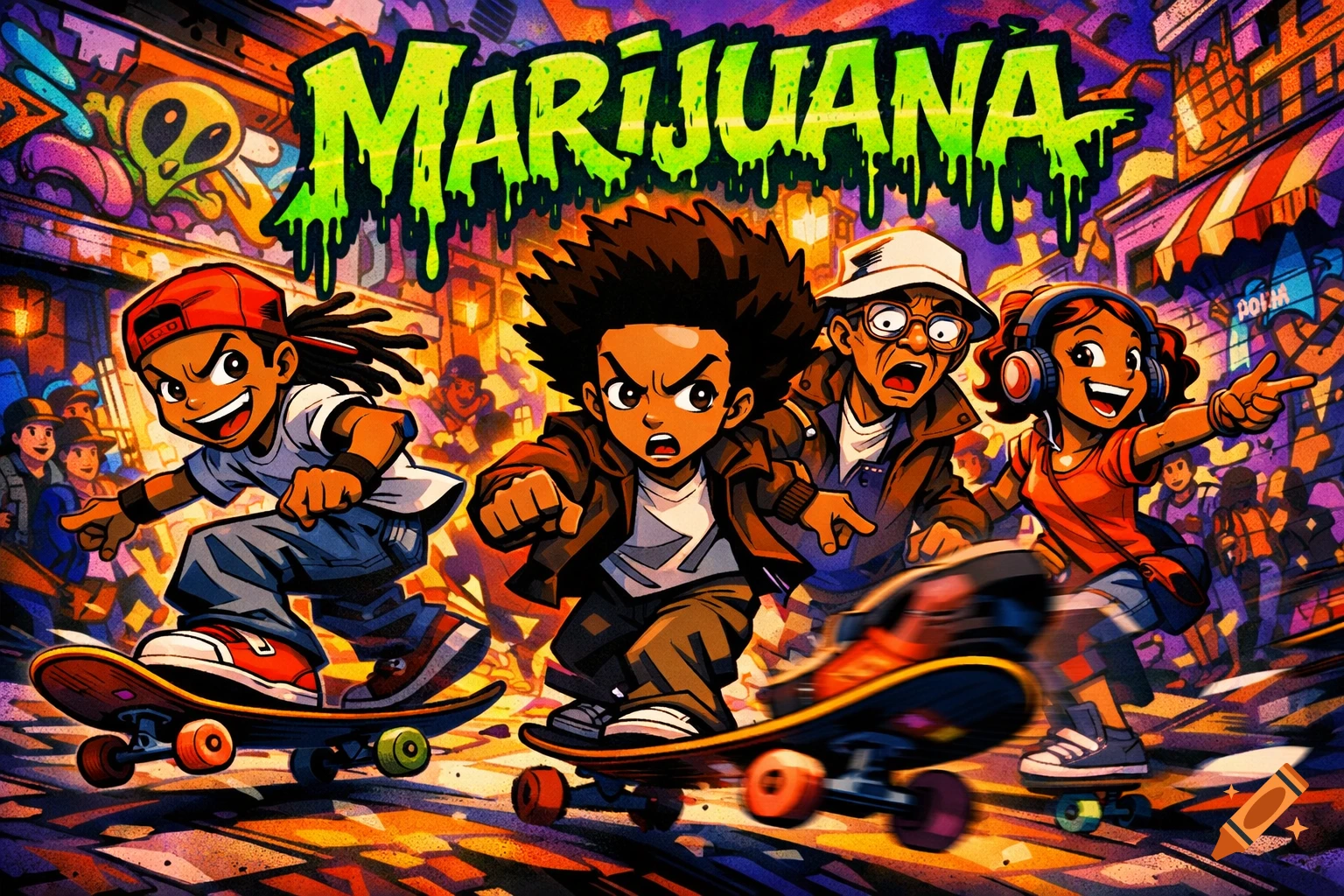 Four Boondocks-style cartoon characters skateboard down a vibrant, graffiti-filled street, with "MARIJUANA" text prominently at the top.