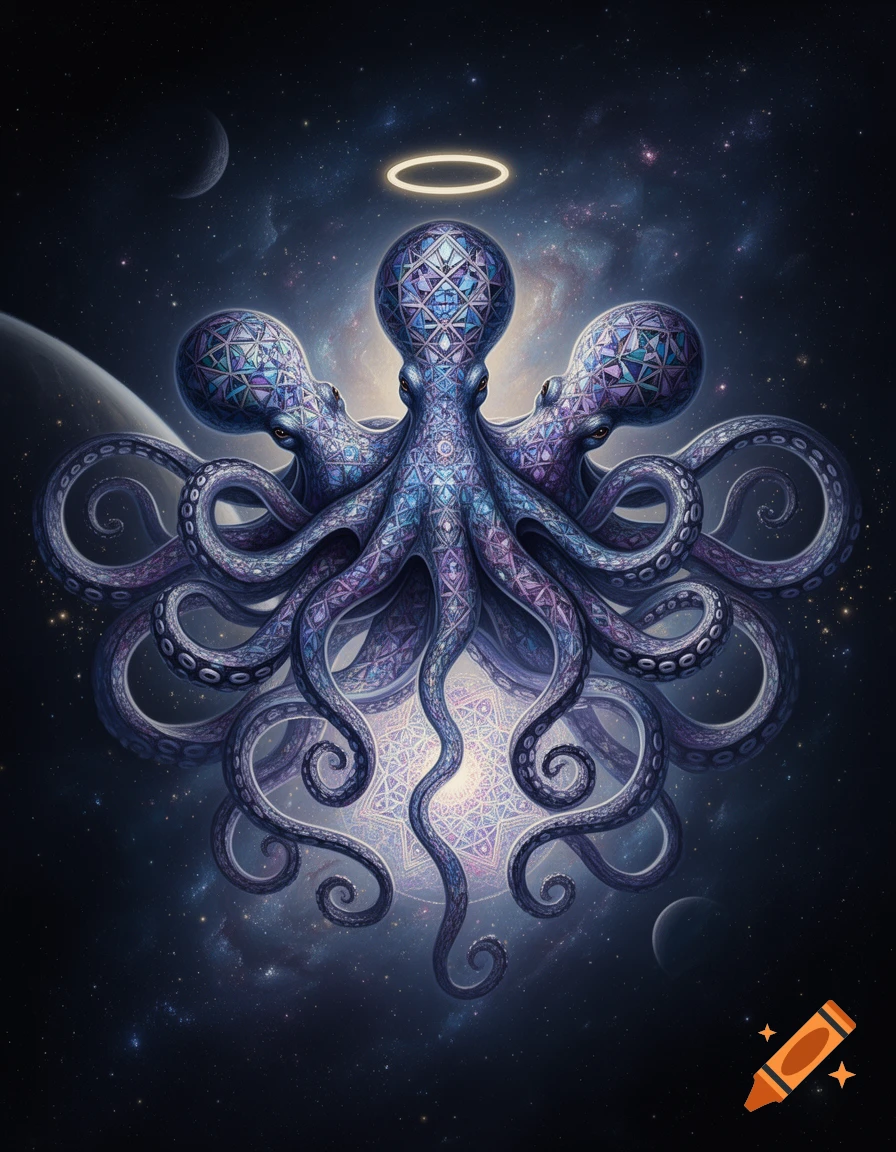 A three-headed purple octopus with intricate geometric and fractal patterns, wearing a glowing halo, floats in a dark starry space with planets.