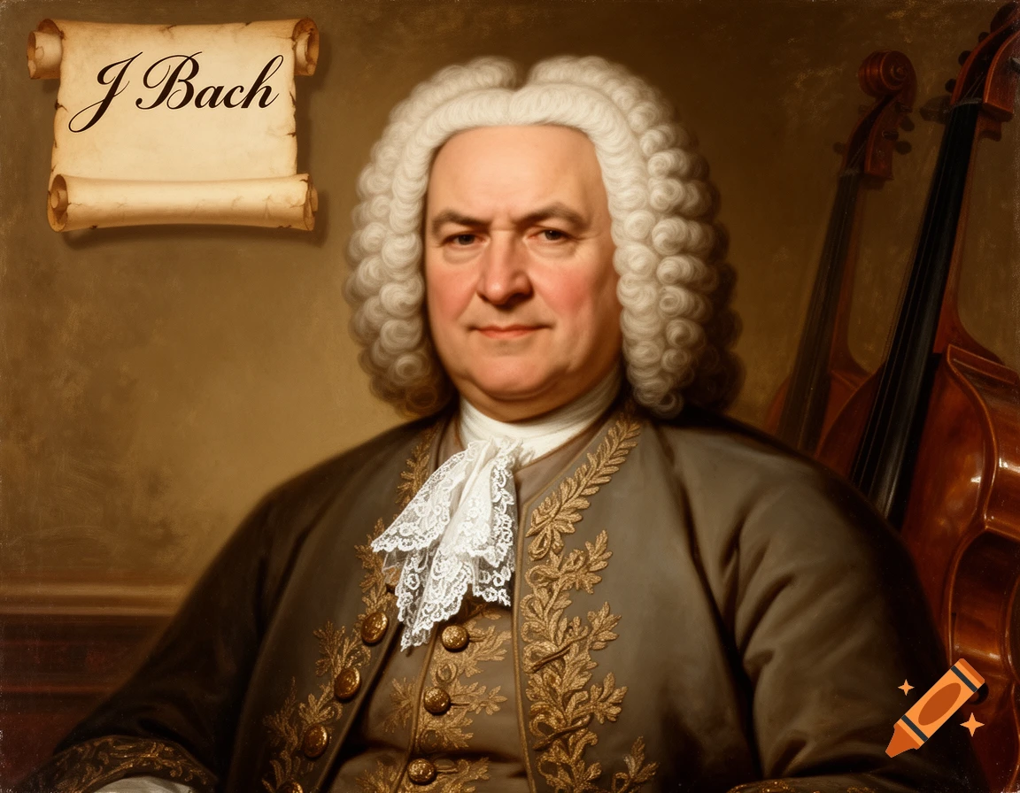 Classical portrait painting of J.S. Bach in a white wig and period attire, with a scroll stating "J Bach" and string instruments in the background.