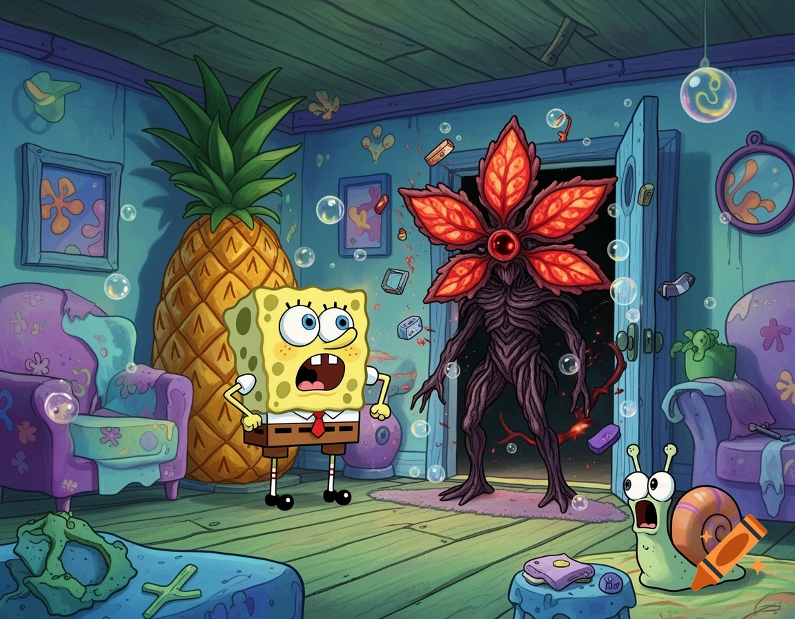 Cartoon SpongeBob and Gary are shocked as a stylized Demogorgon breaks into SpongeBob's pineapple house.