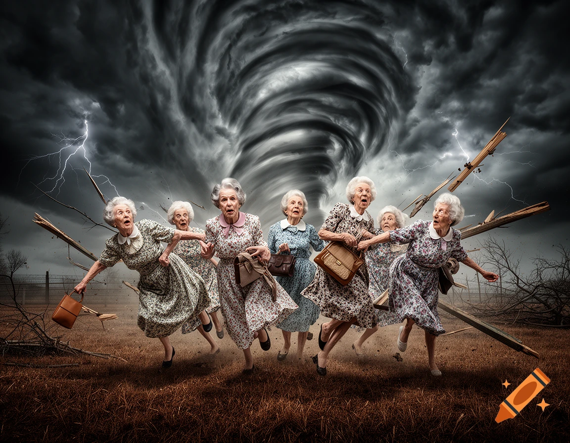 Elderly women with shocked expressions run from a large tornado in a dramatic, stormy landscape with lightning and debris.