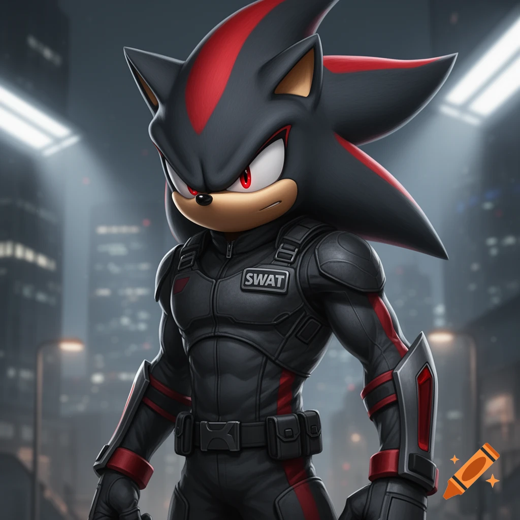Shadow the Hedgehog in a muscular black and red SWAT-style uniform, standing in a blurred futuristic cityscape.