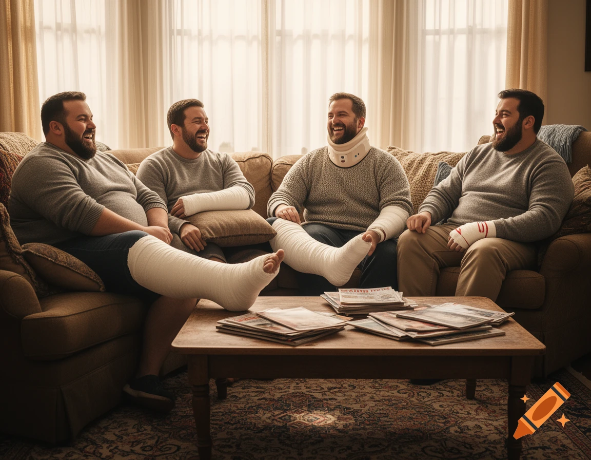 Four heavy-set men with various casts and a neck brace sit on a sofa in a living room, laughing joyfully. Photorealistic style.