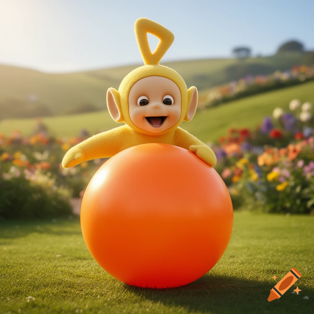 Hyperrealistic Laa-Laa, the yellow Teletubby, laughing happily while sitting on an orange bouncy ball in a sunny, grassy field.