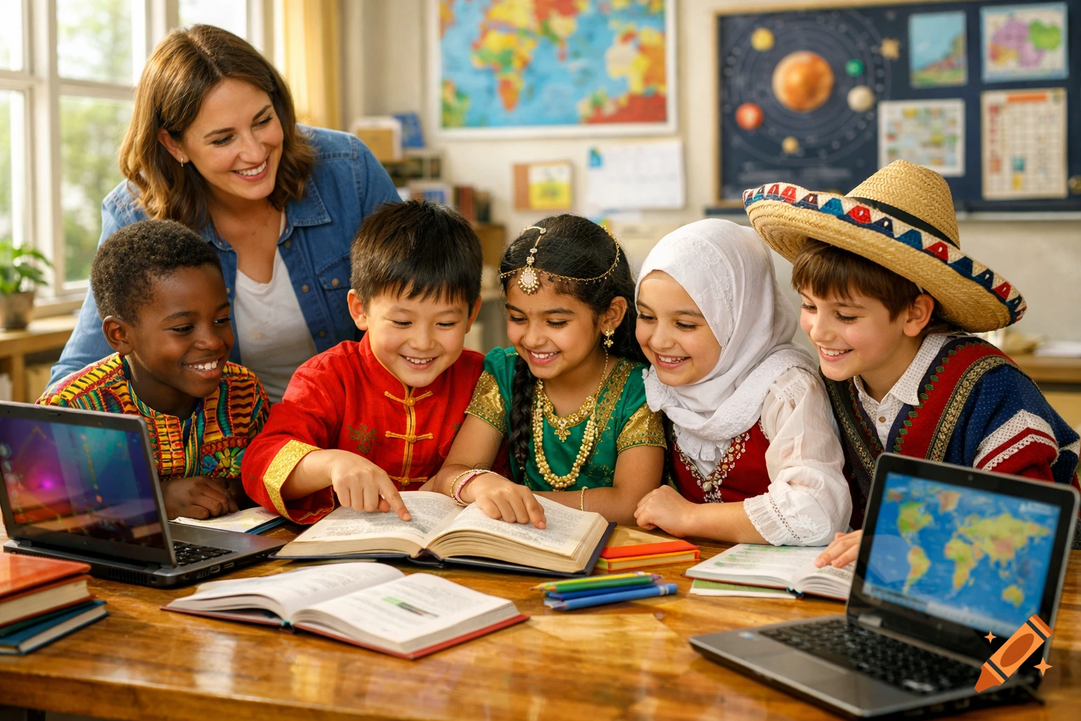 A smiling teacher stands behind five diverse children in traditional clothing, gathered around books and laptops in a bright classroom.