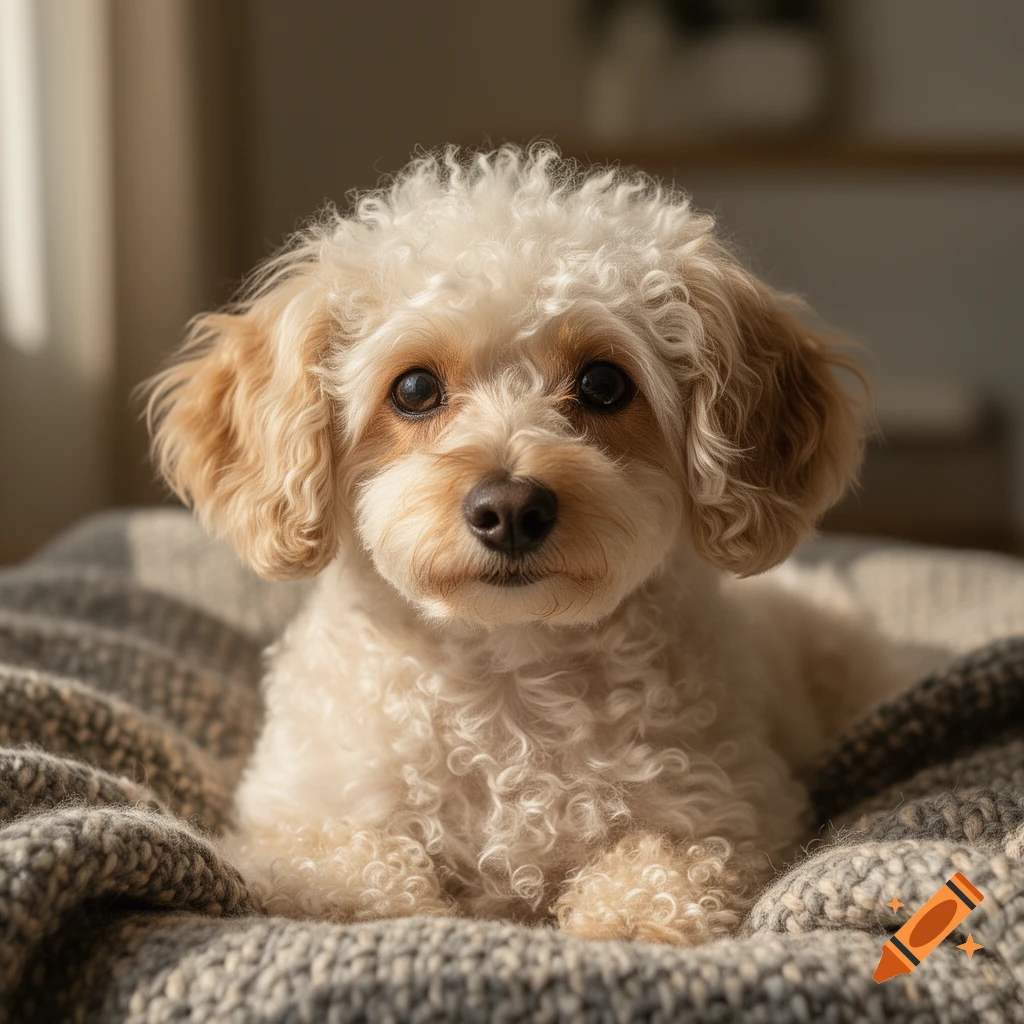 A cute fluffy white and brown poodle mix dog lies on a cozy grey knitted blanket, looking at the camera.