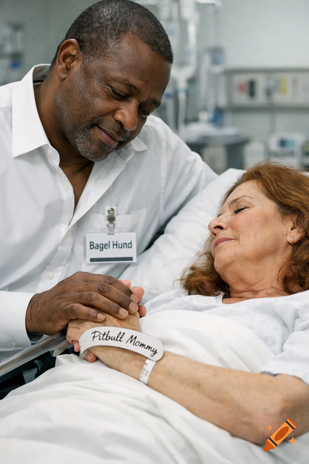 A Black man holds the hand of an older woman resting in a hospital bed, both wearing identification labels.