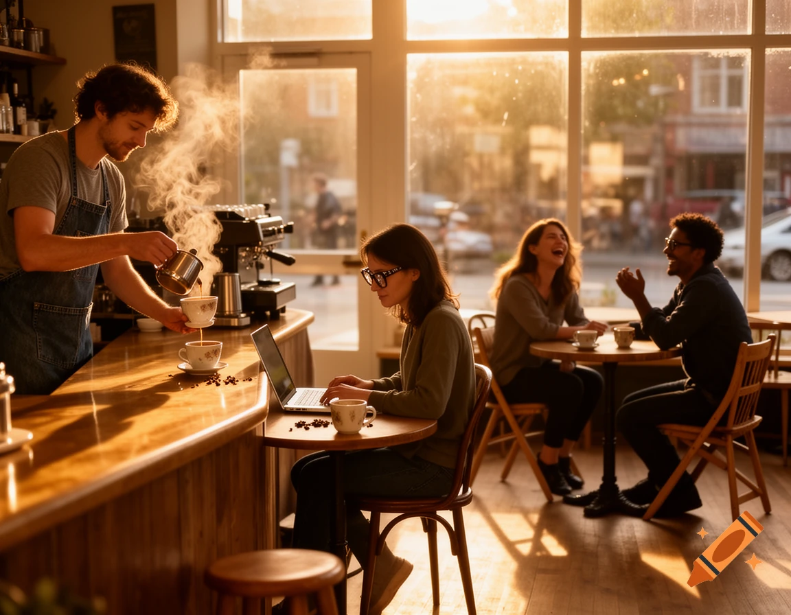 A barista pours coffee in a cozy cafe during golden hour, while a woman works on a laptop and a couple laughs at another table. Photorealistic style.