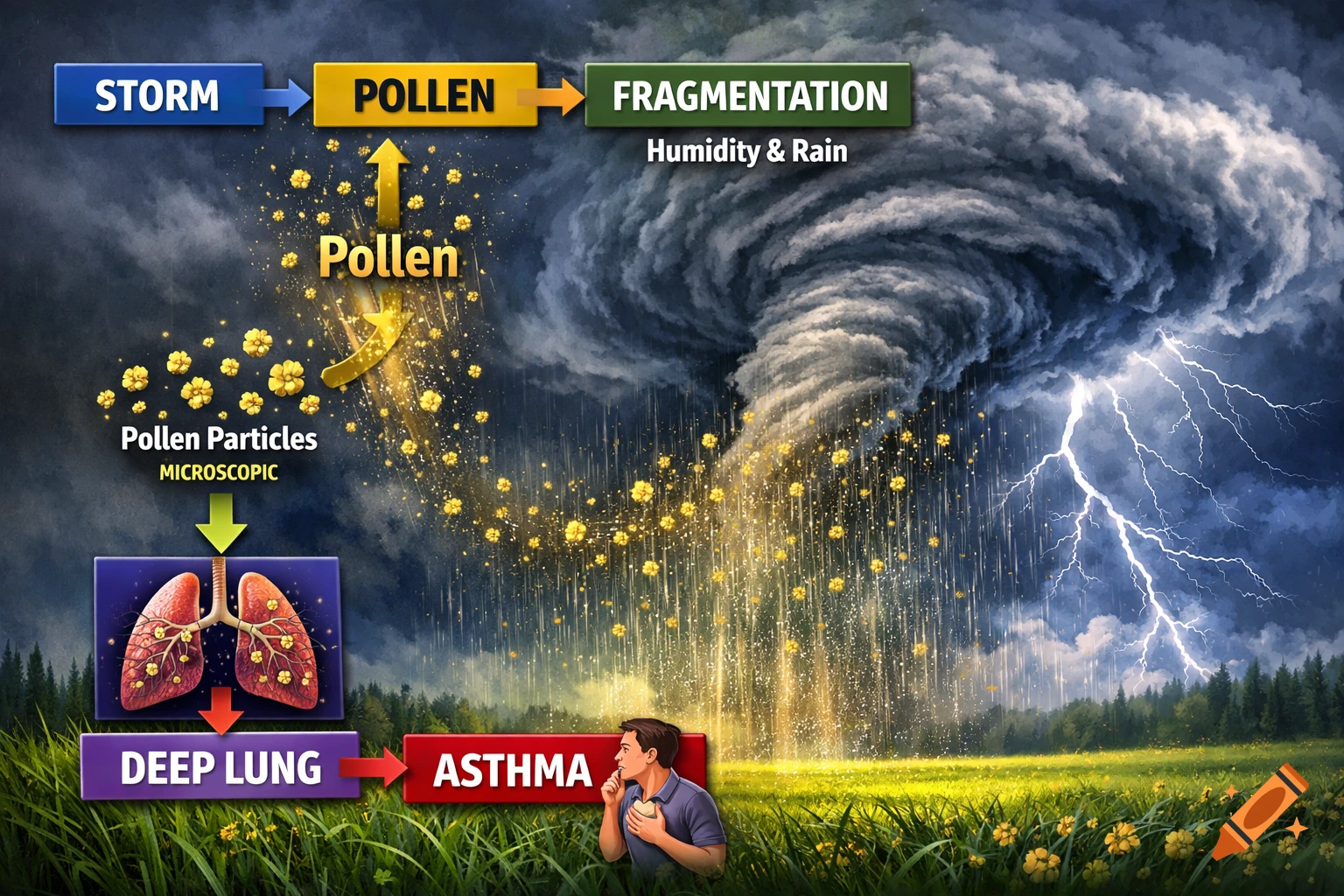 A diagram shows a storm and rain causing pollen fragmentation, leading to deep lung inhalation and asthma attacks, with a man using an inhaler.