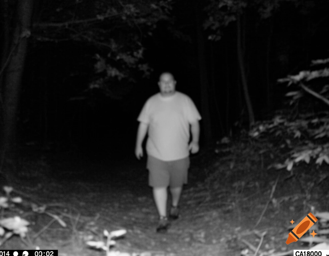 A blurry, grainy black and white trailcam photo of a man walking in a dark forest at night, with a date and time stamp.