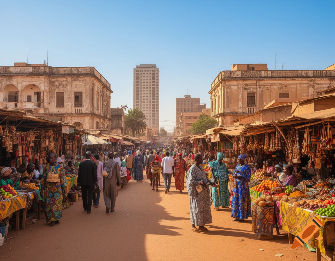 A bustling outdoor street market in an African city with many people, colorful stalls, and old buildings under a clear sky.