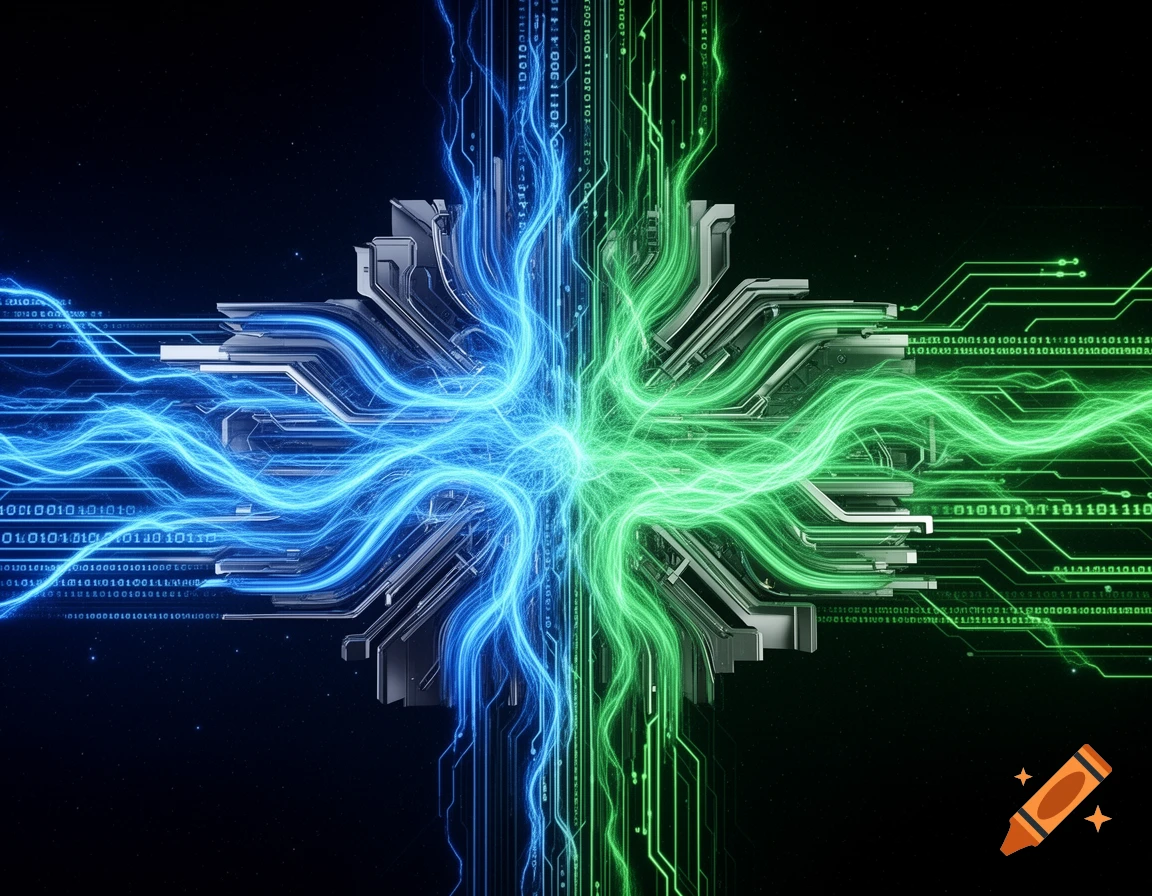 Abstract digital art depicting glowing blue and green energy flows connecting to a central metallic circuit board, with binary code in the background.