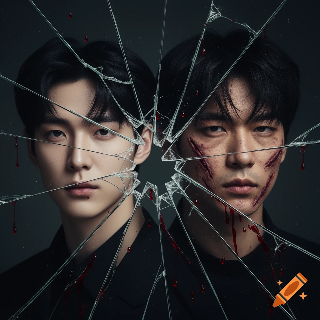 Two men's faces, one serene and one scarred with blood, seen through shattered glass with blood droplets.