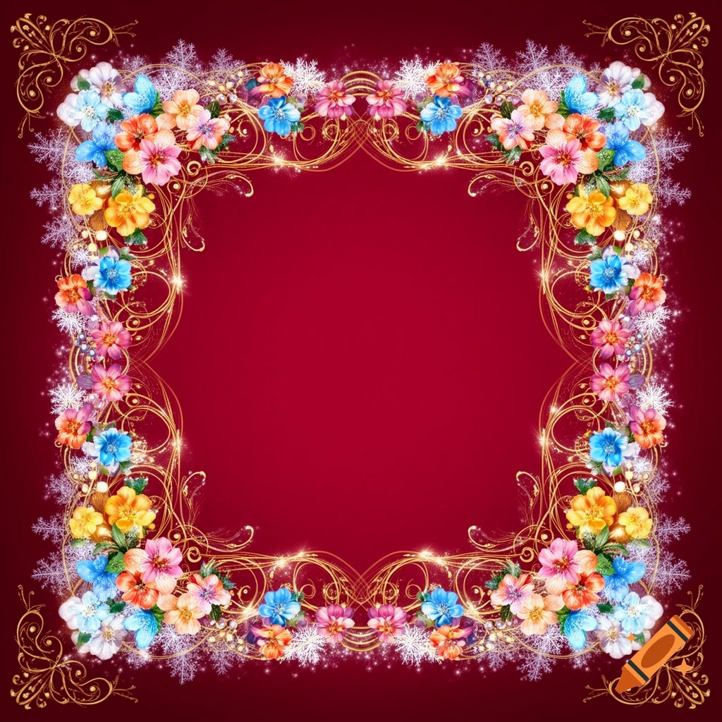 A square decorative frame with colorful flowers, golden swirls, and white snowflakes on a deep red background.