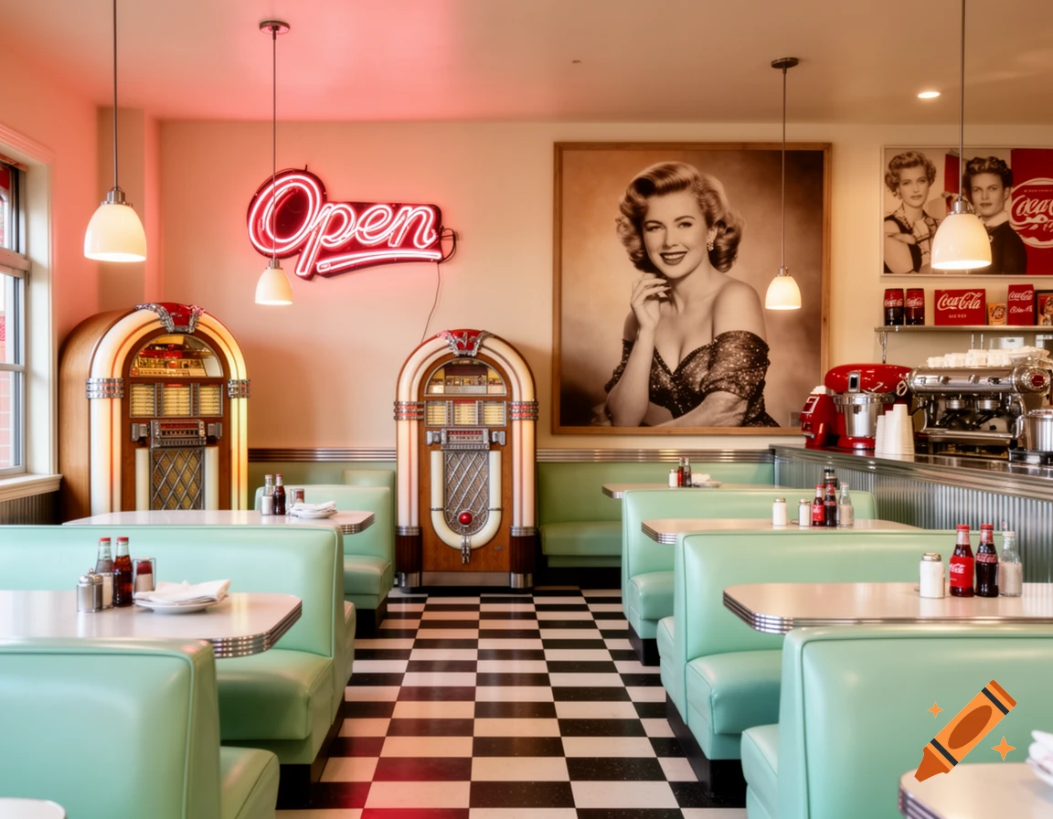 Interior of a retro 1950s diner with mint green booths, checkerboard floor, neon 'Open' sign, two jukeboxes, and a large vintage portrait.