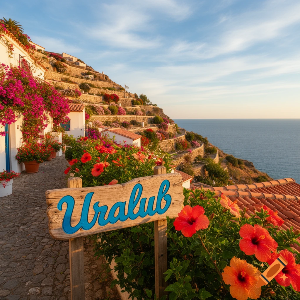 A picturesque terraced village on a hillside overlooking the ocean, adorned with white houses and vibrant bougainvillea and hibiscus, with a wooden sign saying "Uralub" in the foreground.