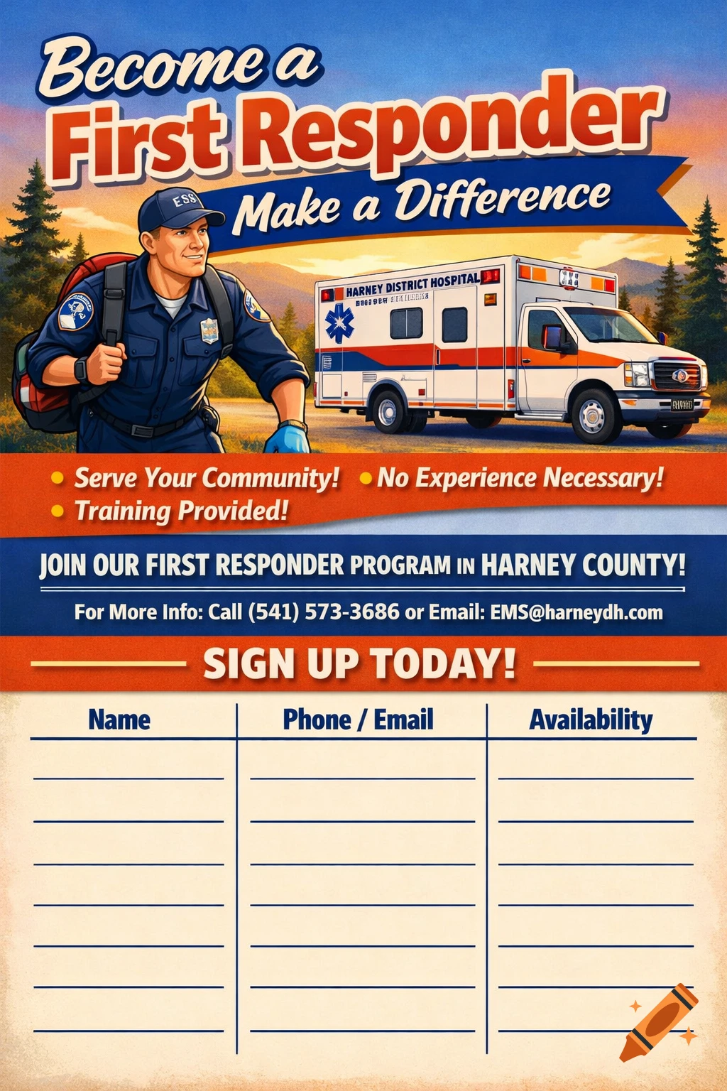 A retro-style recruitment flyer for a first responder program, featuring an EMT with a backpack and an ambulance against a sunset sky. The flyer includes contact details and a sign-up sheet.