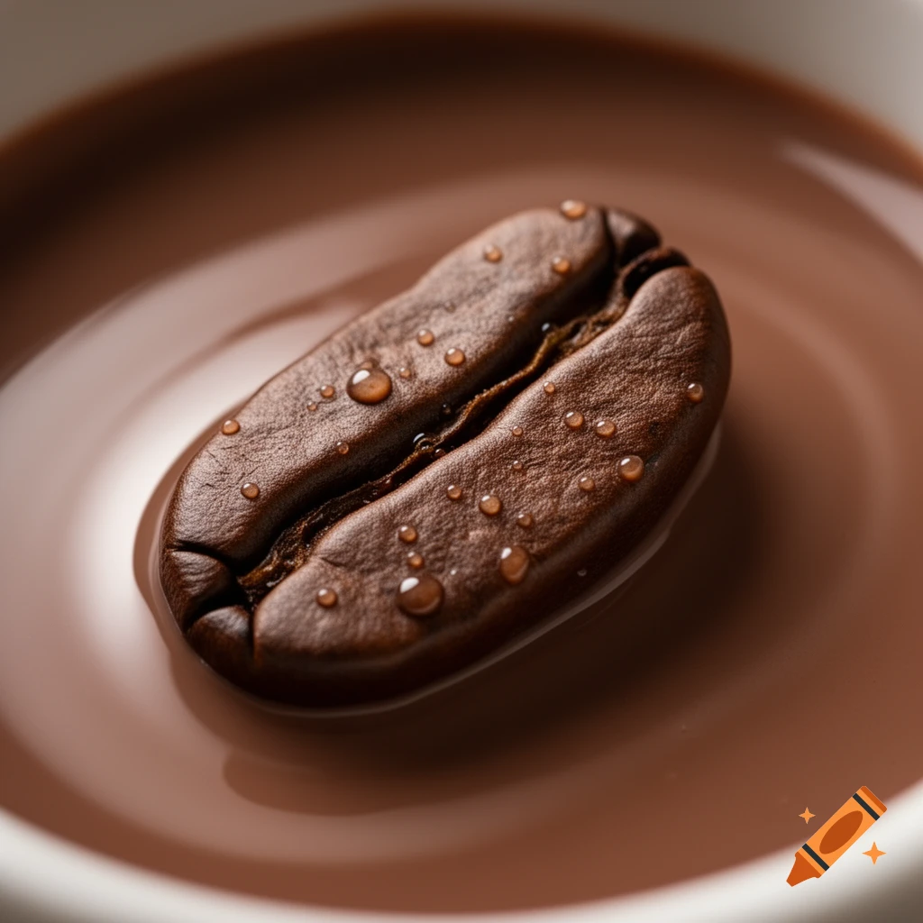 A single coffee bean with water droplets floats in a rich brown chocolate milk, captured in a detailed close-up shot.