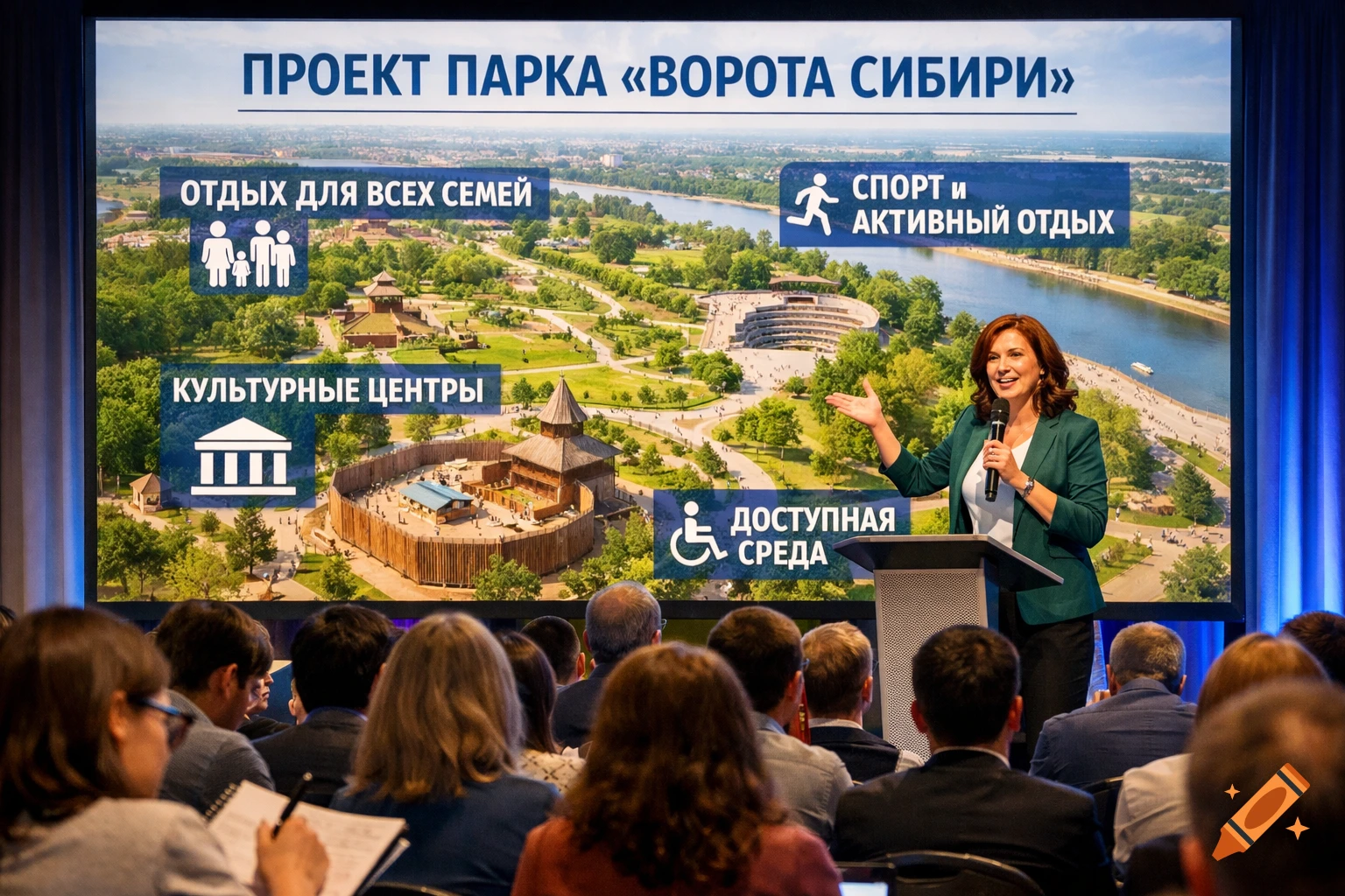 A woman in a green blazer speaks at a podium during a presentation, with a large screen behind her showing a park design and Russian text labels.