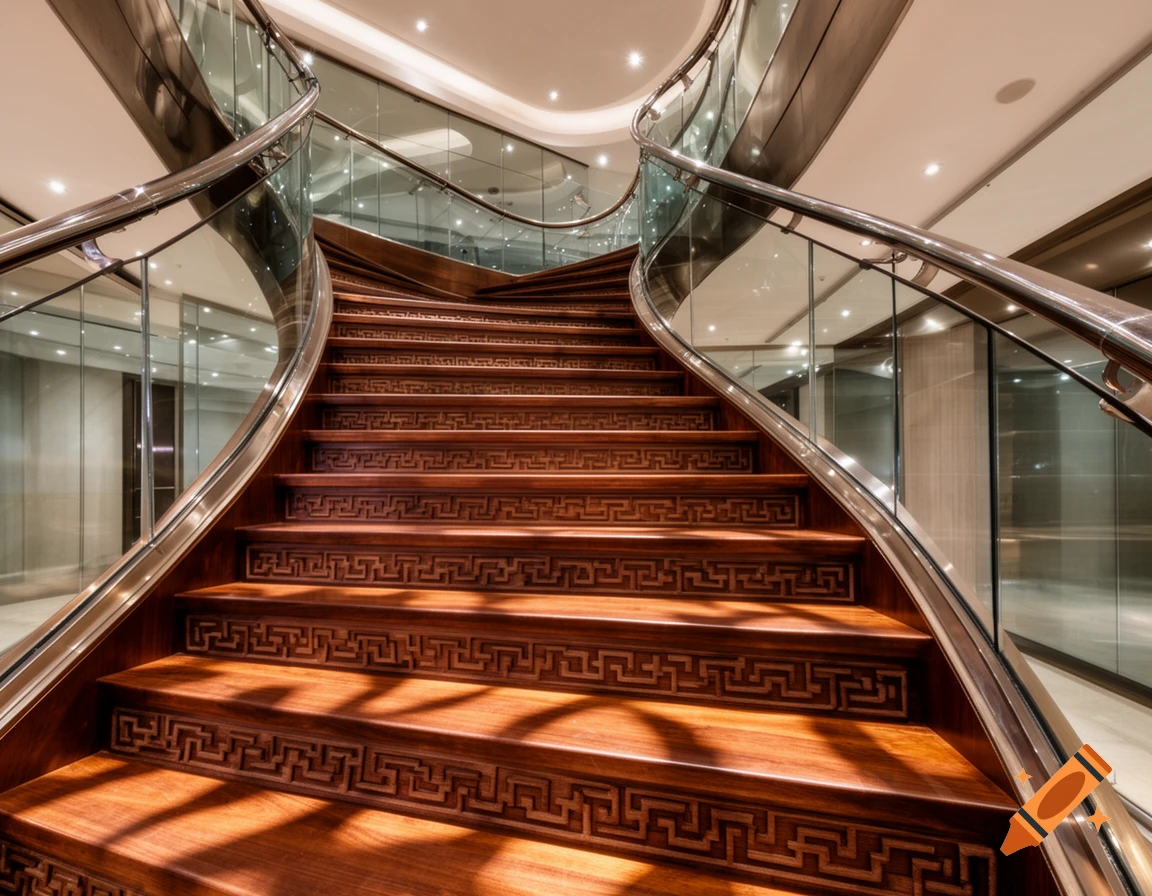 A grand curved wooden staircase with intricate patterns on the risers, featuring glass and metal railings in a modern building interior.
