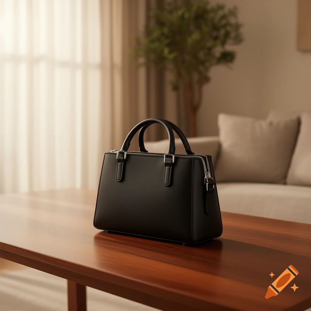 A sleek black leather handbag with silver hardware rests on a polished wooden table in a well-lit room.