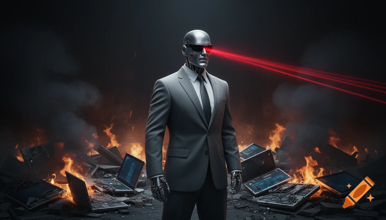 A silver robot in a grey suit and sunglasses stands over burning, destroyed electronic products, shooting red laser beams from its eyes, in a dark, smokey atmosphere.