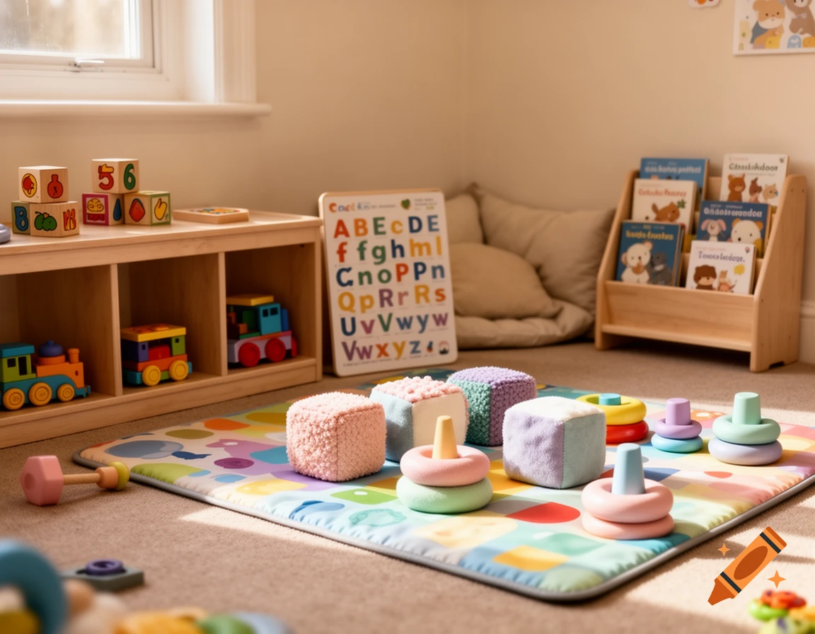 A brightly lit playroom corner with a colorful playmat, soft blocks, stacking rings, wooden trains, a bookshelf, and an alphabet board.