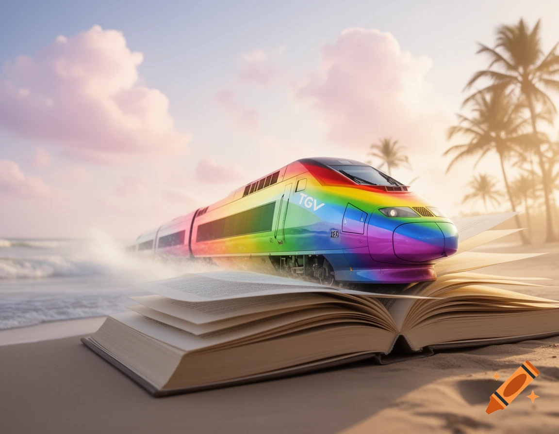 A vibrant rainbow-colored TGV train speeds across an open book on a sandy beach, with palm trees and soft pink clouds in the background.