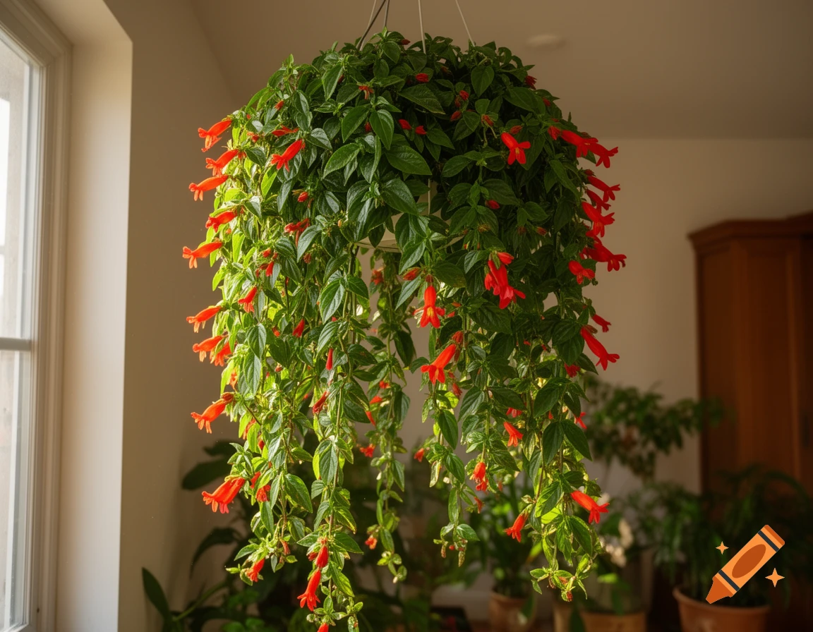 A lush hanging plant with vibrant red tubular flowers and green leaves, illuminated by sunlight from a window indoors.