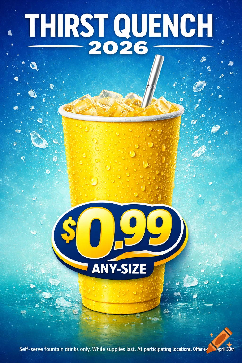 A vibrant blue and turquoise promotional poster for Thirst Quench 2026, featuring a yellow cup with ice and condensation, advertising $0.99 any-size.