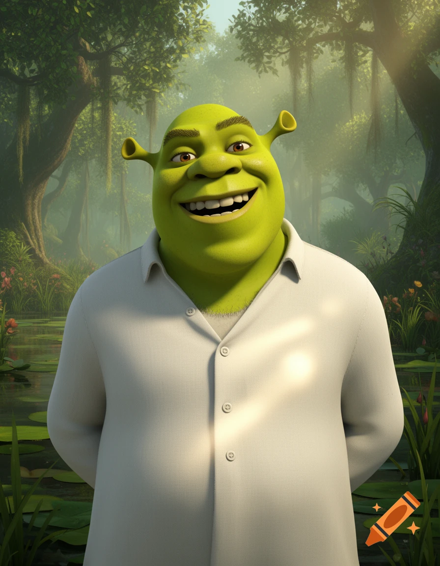 Photorealistic CGI portrait of Shrek smiling in a white collared shirt, standing in a lush swampy forest.