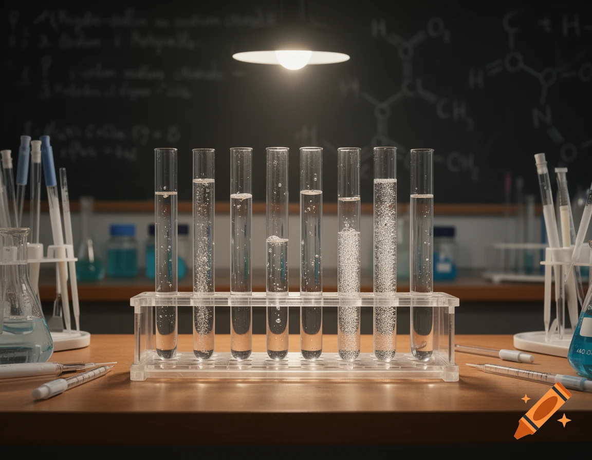 A close-up of a test tube rack holding ten test tubes with clear, bubbly liquids on a wooden lab bench, with a blackboard in the background.