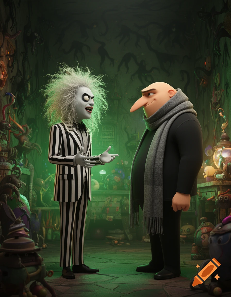 Beetlejuice and Gru stand in a dimly lit, spooky room filled with strange objects, rendered in 3D animation style.