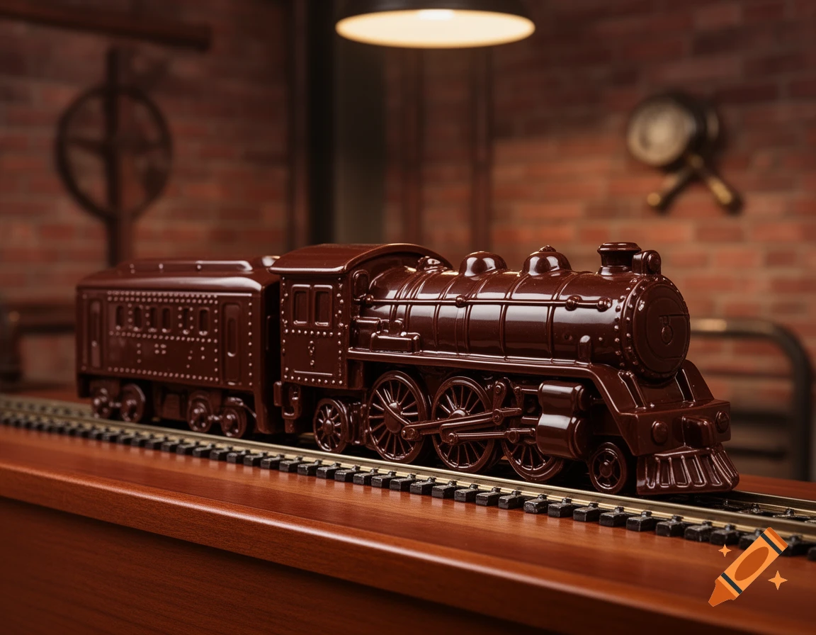 A realistic dark chocolate train sculpture on a railroad track, against a brick wall background.