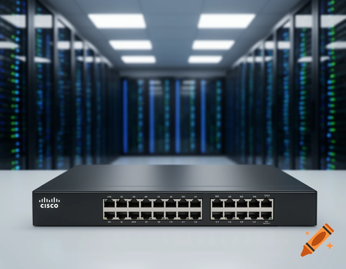 A black Cisco network switch with multiple ethernet ports on a white surface, with a blurred data center in the background.