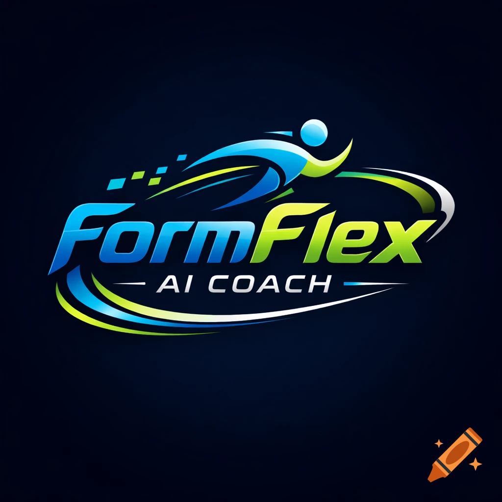 A blue and green gradient logo for "FormFlex AI COACH" featuring an abstract human figure in motion with dynamic lines.